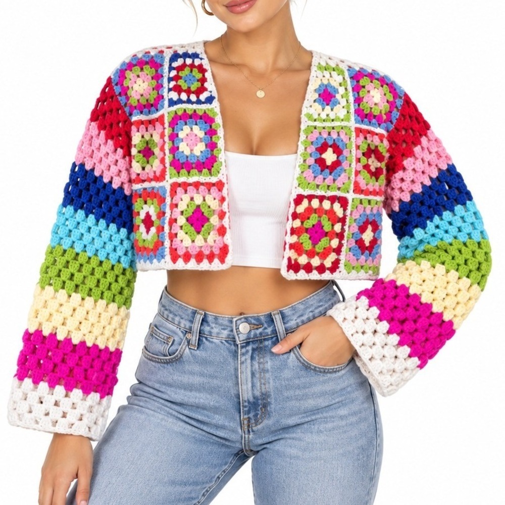 BiBi Crochet Cardigan Women L Rainbow Granny Square Patchwork Boho Festival Bell